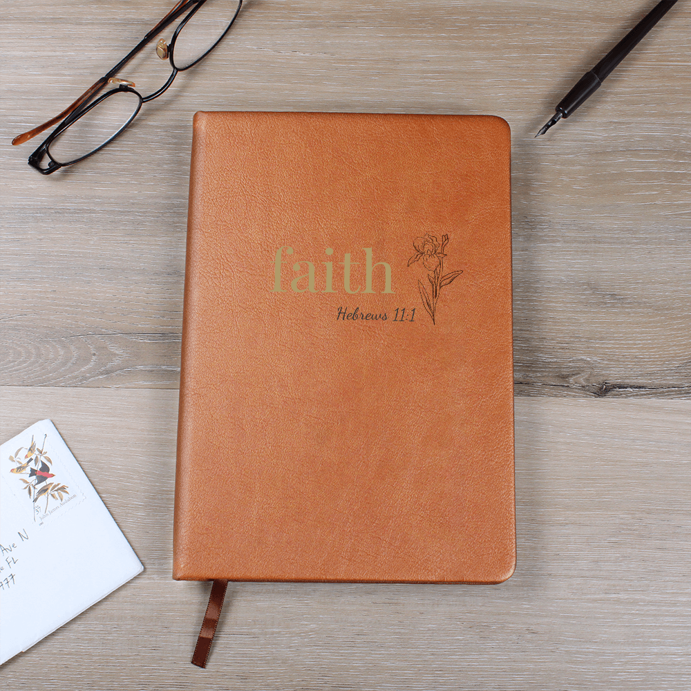 Faith Leather Journal - Hebrews 11:1 Scripture Cover - Inspirational Journal - Faith-Based Stationery, Ruled Line