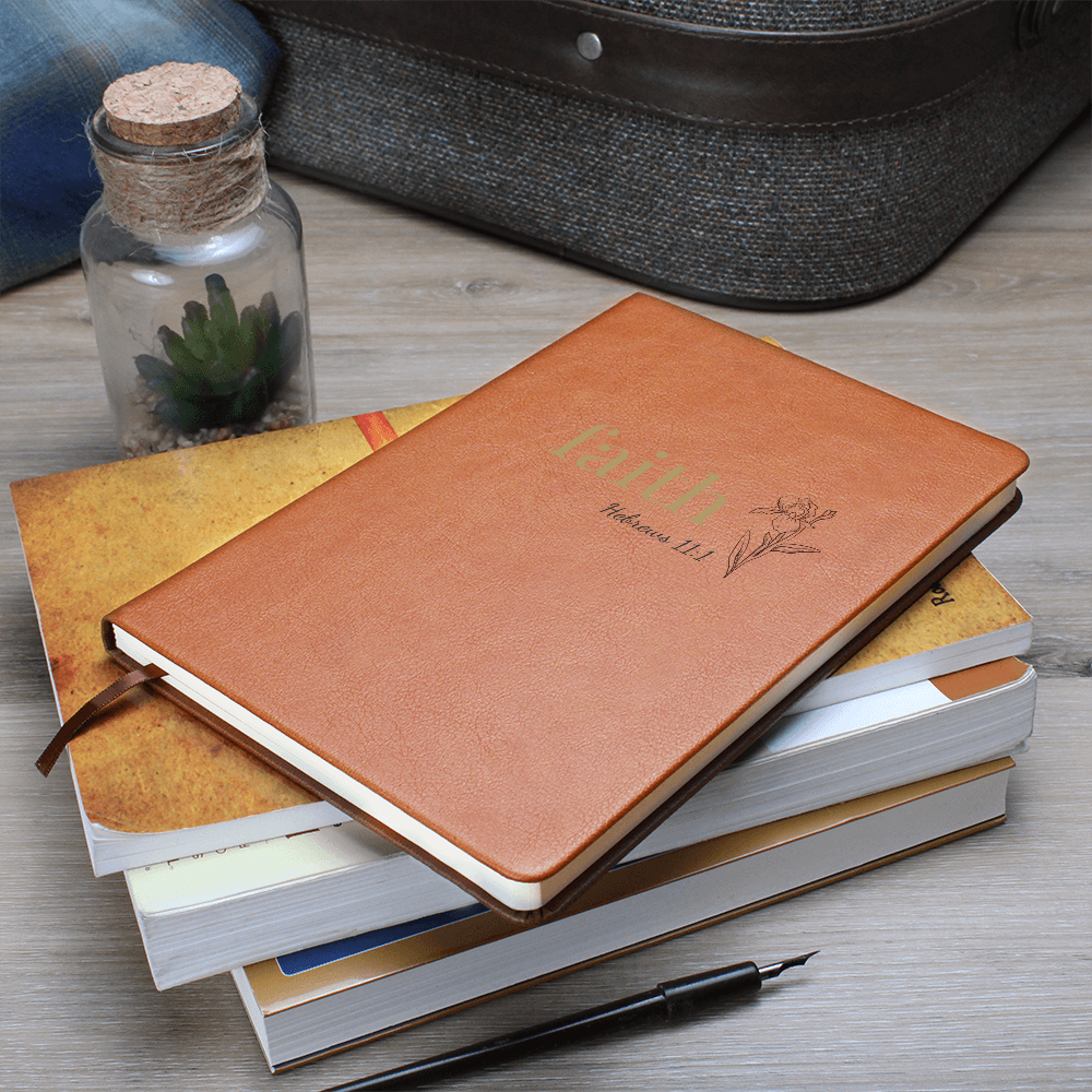 Faith Leather Journal - Hebrews 11:1 Scripture Cover - Inspirational Journal - Faith-Based Stationery, Ruled Line