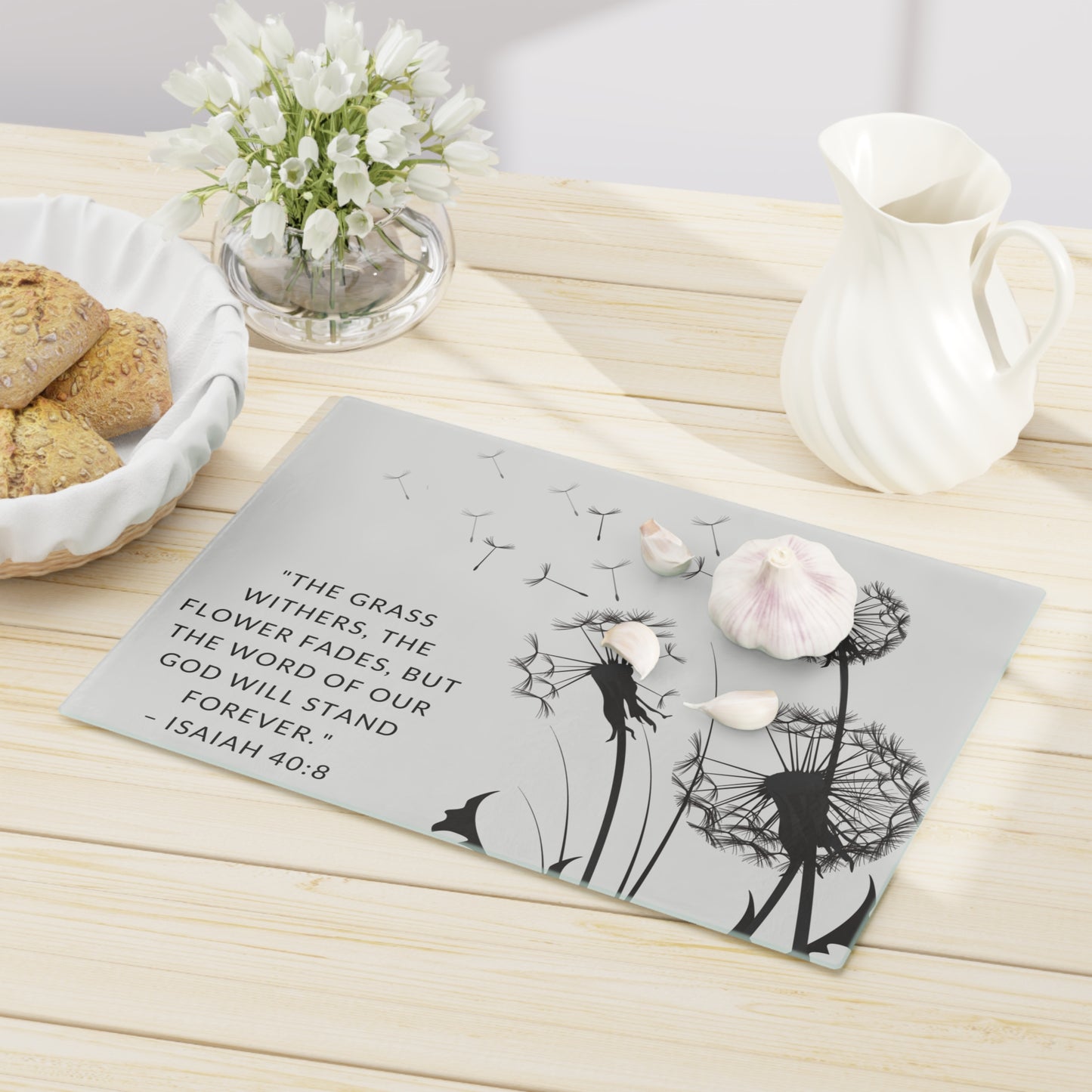 Dandelion Themed Christian Glass Cutting Board - Isaiah 40:8