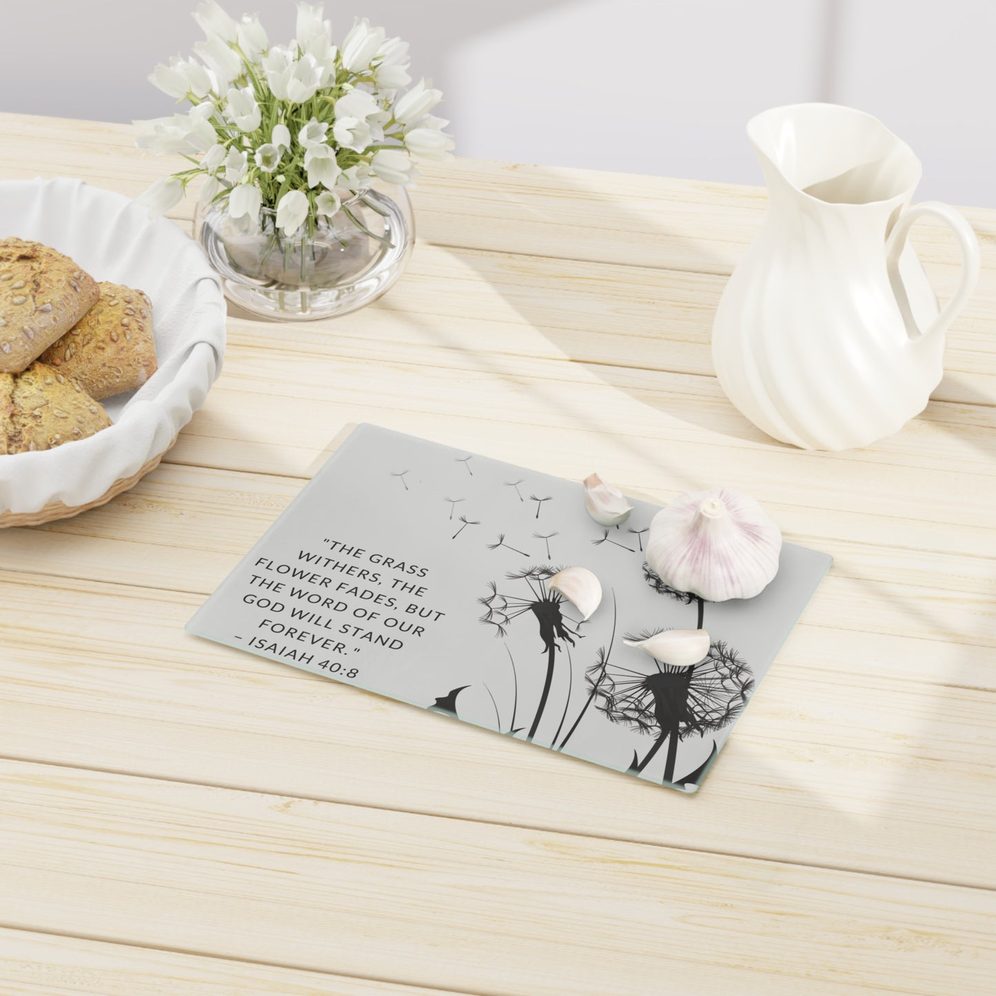 Dandelion Themed Christian Glass Cutting Board - Isaiah 40:8
