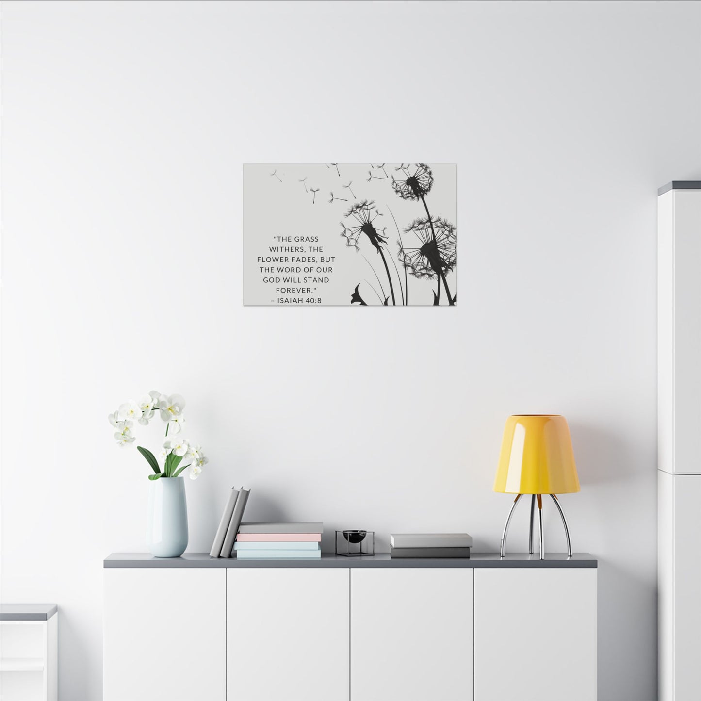 Dandelion Scripture Canvas | The Grass Withers, the Flower Fades Isaiah 40:8 | Gray and Black Artwork