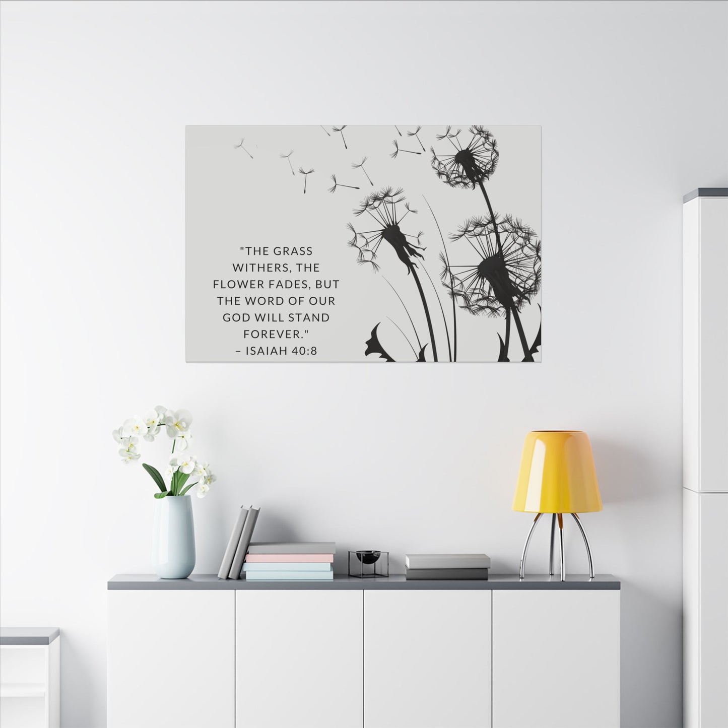 Dandelion Scripture Canvas | The Grass Withers, the Flower Fades Isaiah 40:8 | Gray and Black Artwork