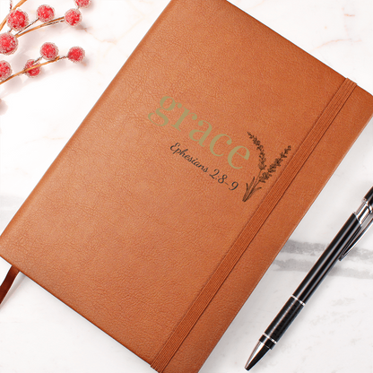 Grace Leather Journal - Ephesians 2:8-9 Scripture Cover - Inspirational Journal - Faith-Based Stationery, Ruled Line