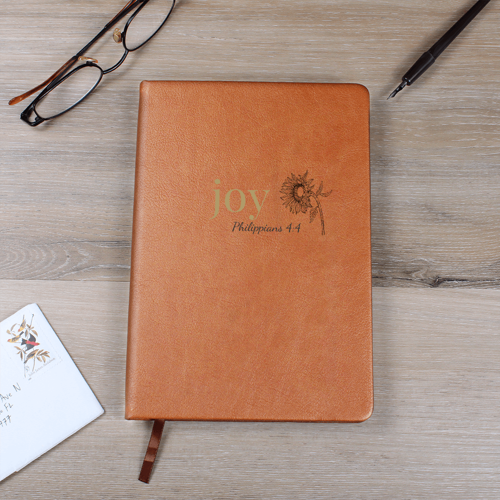 Joy Leather Journal - Philippians 4:4 Scripture Cover - Inspirational Journal - Faith-Based Stationery, Ruled Line