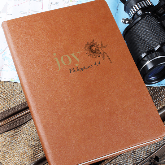 Joy Leather Journal - Philippians 4:4 Scripture Cover - Inspirational Journal - Faith-Based Stationery, Ruled Line
