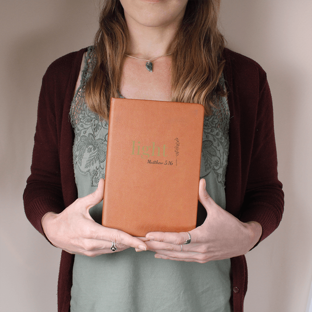 Light Leather Journal - Matthew 5:16 Scripture Cover - Inspirational Journal - Faith-Based Stationery, Ruled Line