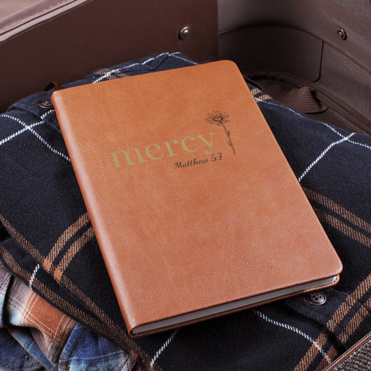 Mercy Leather Journal - Matthew 5:7 Scripture Cover - Inspirational Journal - Faith-Based Stationery, Ruled Line