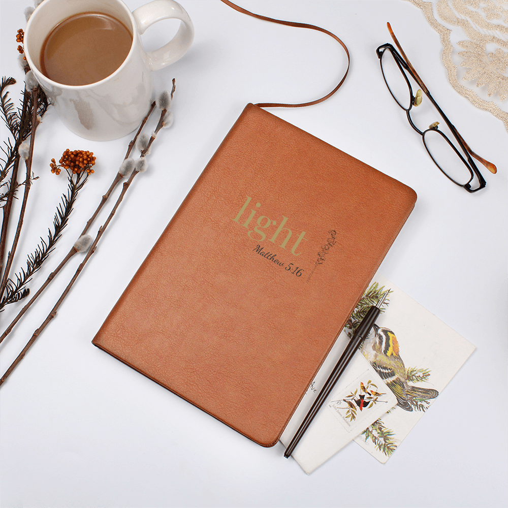 Light Leather Journal - Matthew 5:16 Scripture Cover - Inspirational Journal - Faith-Based Stationery, Ruled Line