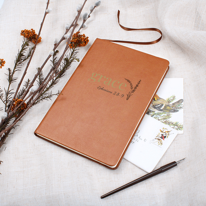 Grace Leather Journal - Ephesians 2:8-9 Scripture Cover - Inspirational Journal - Faith-Based Stationery, Ruled Line