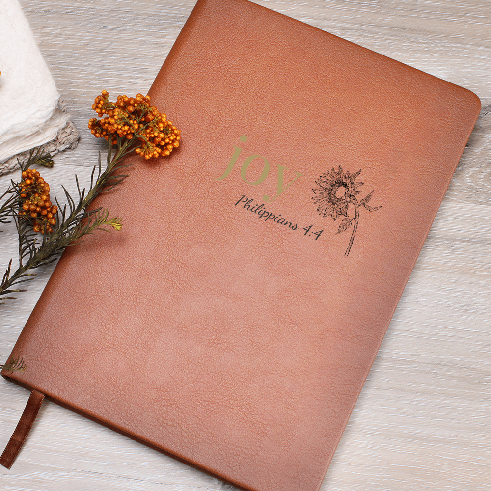 Joy Leather Journal - Philippians 4:4 Scripture Cover - Inspirational Journal - Faith-Based Stationery, Ruled Line